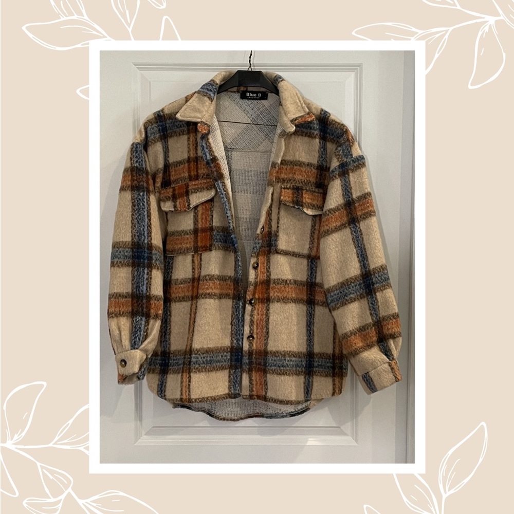Blue B Plaid Shacket in Tan and Blue